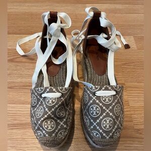 New Tory Burch Brown Monogram Espadrille Wedges